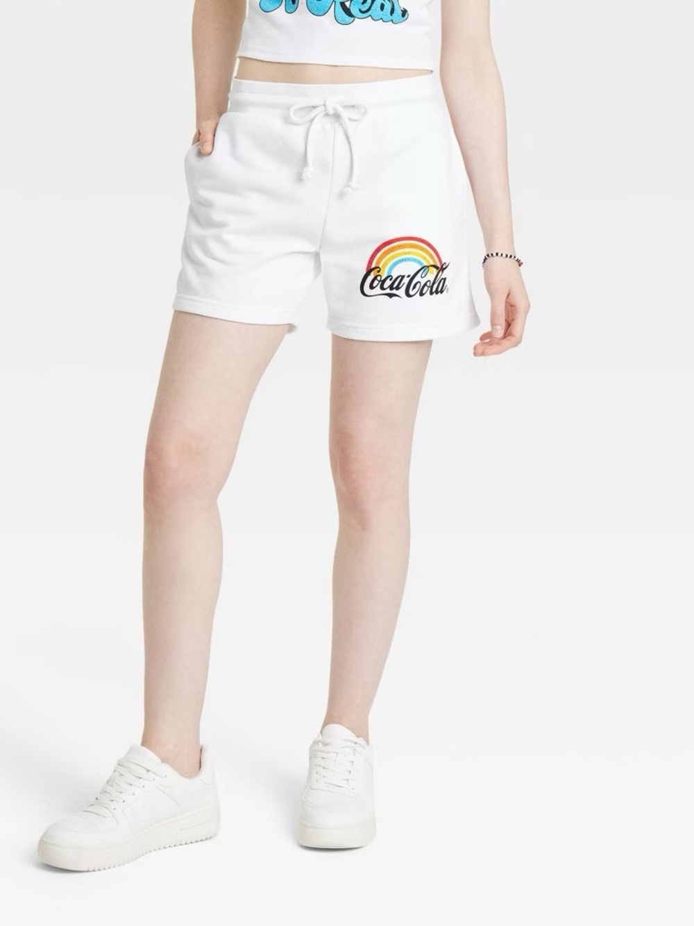 Coca Cola White Women's Drawstring Shorts with Rainbow Logo